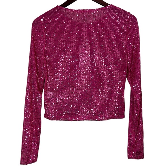 Chelsea & Violet Pink Sequin Top Festive Boxy Layering Semi Sheer Sz Small NEW - Picture 12 of 12
